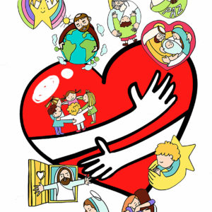 hand drawn doodle heart with hand hug gesture illustration vector